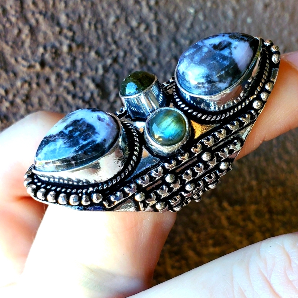 New Zebra Jasper and Labradorite 925 Silver Statement Ring.
